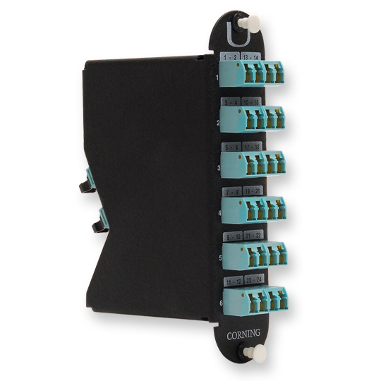 Plug & PlayTM Universal Module, Low-Loss, 24 F, Shuttered LC to MTP, 50 m Multimode (OM3)