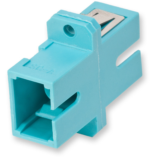 Fiber Optic Full-Flange Ceramic Sleeve SC Simplex Adapter, Aqua (Package of 50)